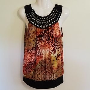 Animal Print Tank,Orange with Black Lace Panel, L